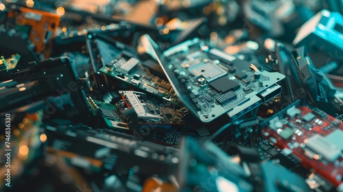 Waste full of electronics, recycling, E-waste heap from discarded laptop parts, electronics industry, eco, sorting and disposal of electronic waste concept, blurred image