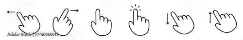 Pointing hand gestures isolated vector icon set.Touch, point, click, press, swipe left and right, swipe up and down hand gesture clipart element.Pointer cursor sign.Apps or games user interface assets