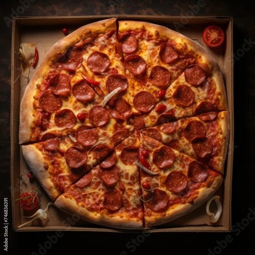 Pepperoni pizza in cardboard box on dark background, top view