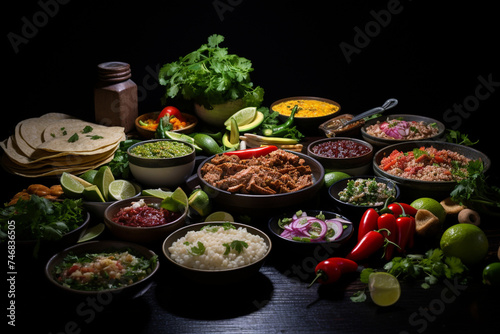 Mexico food, tacos, quesadillas, enchiladas chiles en nogada pozole tortas, tamales, known for its diversity, colorfulness and exquisite taste hospitality, cheerful, colorful presentation of dishes. photo