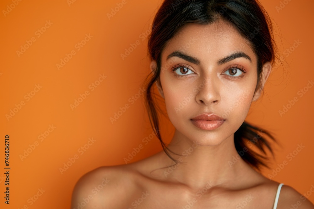 Beautiful ethnic naked young woman with healthy skin isolated on orange brown studio background looks satisfied with good skincare routine Beautiful ethnic naked young woman with healthy skin isolated on orange brown studio background looks satisfied with good skincare routine