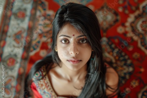 Beautiful Indian woman portrayed on carpet