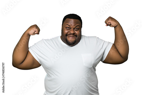 Close up of a happy fat black man celebrating