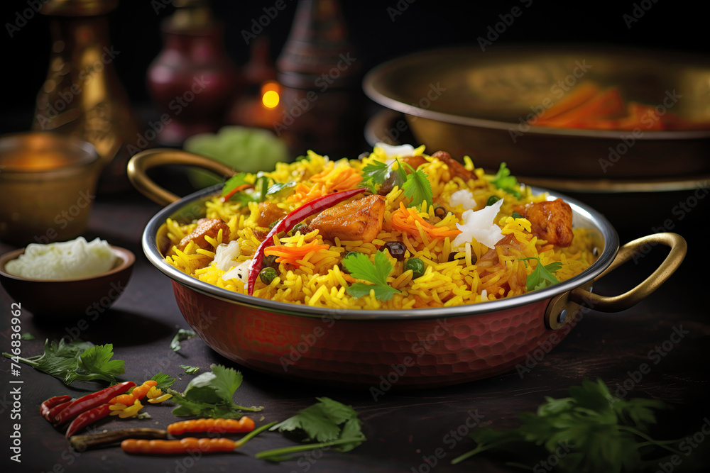 A delicious serving of biryani, garnished with herbs and spices, presented in an ornate copper pot amidst a rustic setting. A delicious serving of biryani, garnished with herbs and spices, presented in an ornate copper pot amidst a rustic setting.