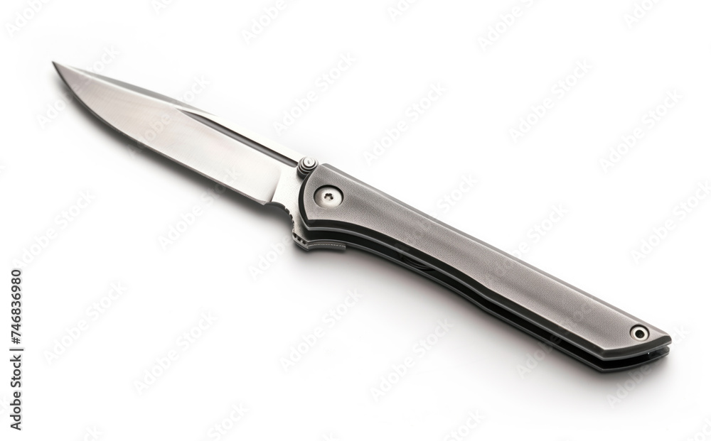 A high-resolution image showcasing a sleek, modern folding knife with a sharp blade and textured handle, isolated on a white background. A high-resolution image showcasing a sleek, modern folding knife with a sharp blade and textured handle, isolated on a white background.
