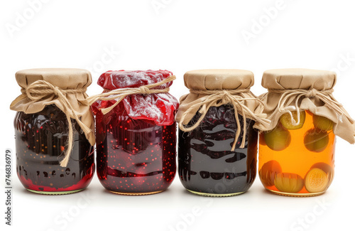 A collection of four jars filled with different types of homemade fruit preserves, each sealed with a cloth and tied with a string.