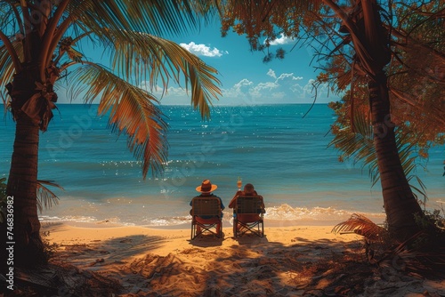 Happy elderly couple enjoying drinks on beach chairs, facing palm-lined horizon