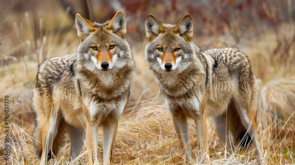 Wild coyotes standing in prairie grass in nature found throughout North America. Wild coyotes standing in prairie grass in nature found throughout North America.
