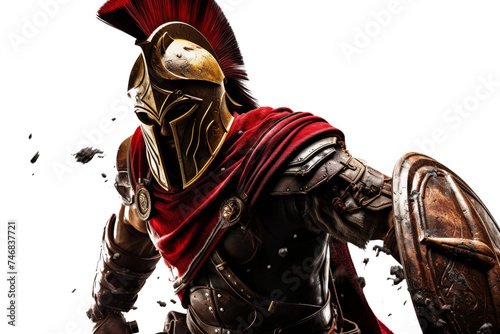 Ancient Spartan Soldier Clad in Full Battle Armor Brandishing Lethal Spear Isolated on Transparent Background