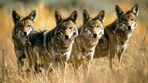 Wild coyotes standing in prairie grass in nature found throughout North America. 
