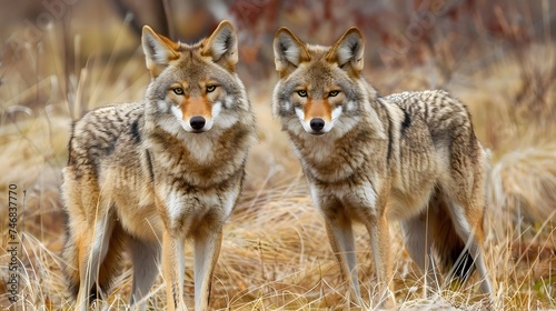 Wild coyotes standing in prairie grass in nature found throughout North America.  © Ziyan Yang
