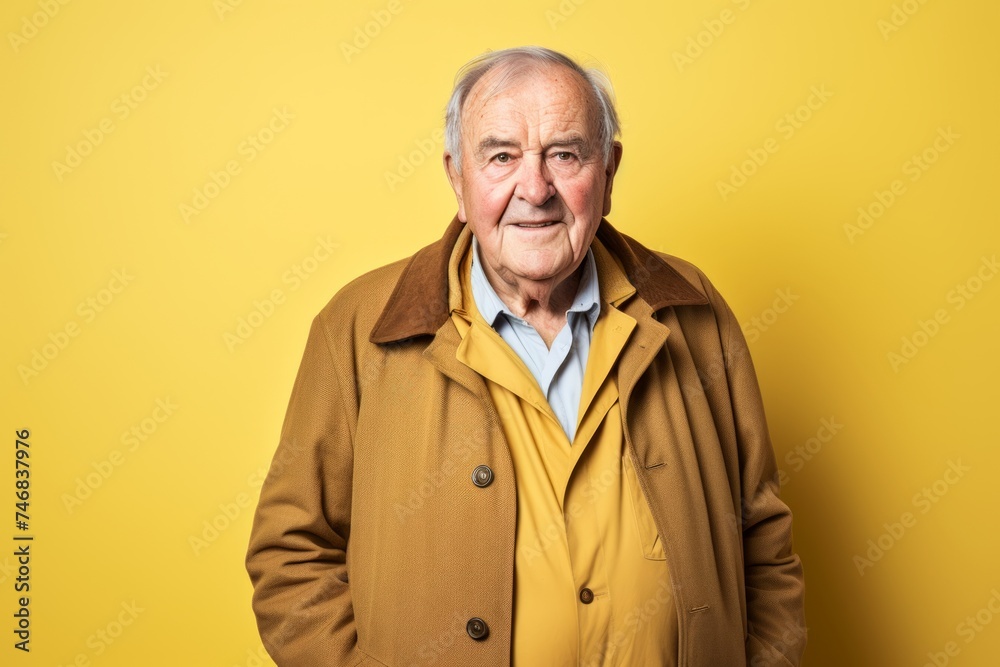 Portrait of an old man in a coat on a yellow background Portrait of an old man in a coat on a yellow background
