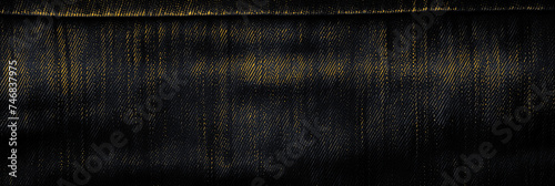 Panoramic surface of black fabric denim grunge texture gold dark tone. Banner, background design images. Blank copy space Close-up