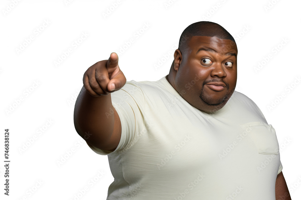Close up of a fat african man pointing with his finger Close up of a fat african man pointing with his finger
