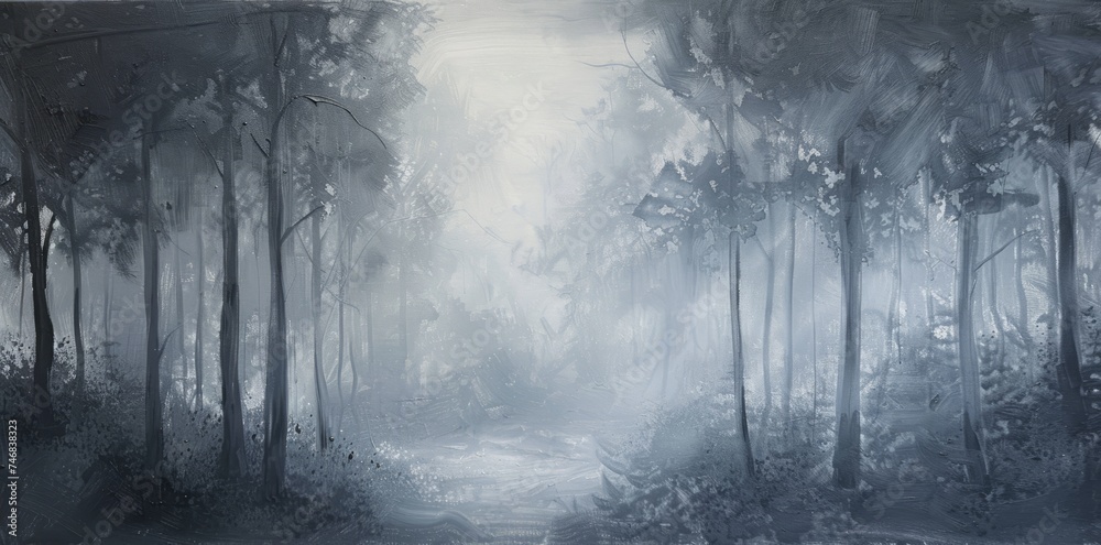 Monochrome Misty Forest Oil Painting
A serene monochrome oil painting depicting a misty forest with light filtering through the dense canopy of tall trees.
 - obrazy, fototapety, plakaty 