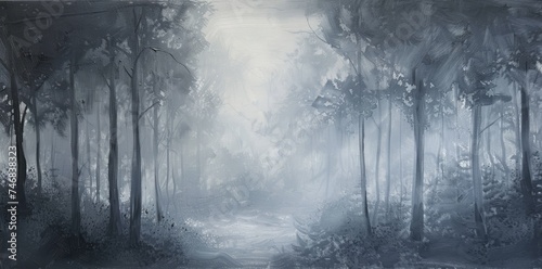Monochrome Misty Forest Oil Painting A serene monochrome oil painting depicting a misty forest with light filtering through the dense canopy of tall trees. 