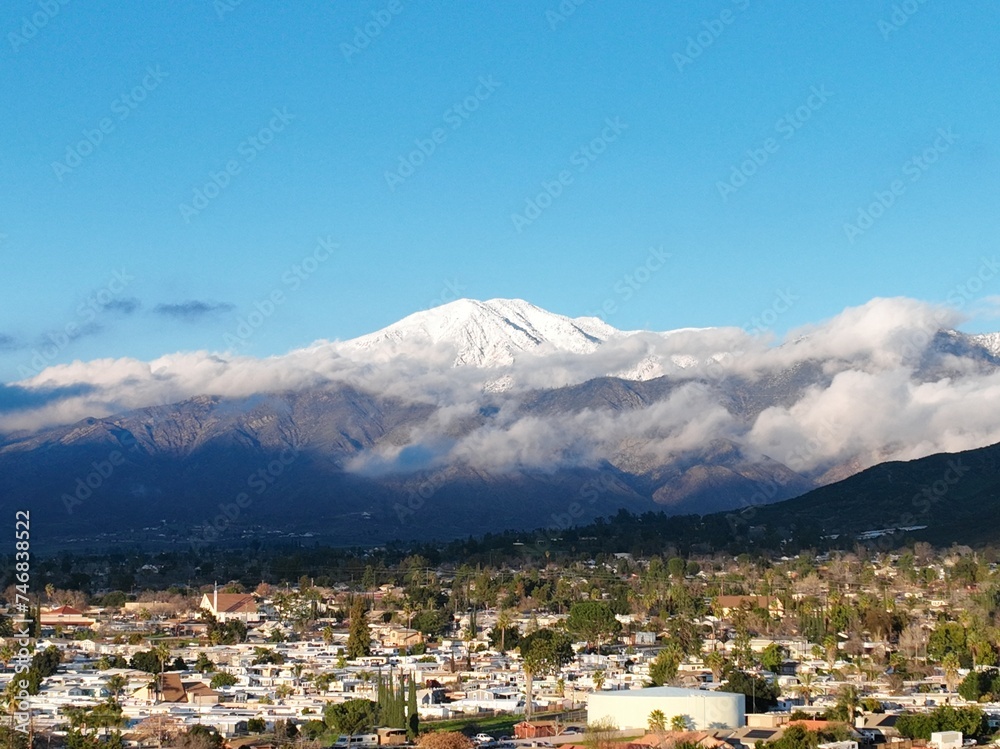 Yucaipa, california, with a Drone View UAV of the San Bernardino, San Gorgonio Mountains after a snow storm on a clear day Yucaipa, california, with a Drone View UAV of the San Bernardino, San Gorgonio Mountains after a snow storm on a clear day