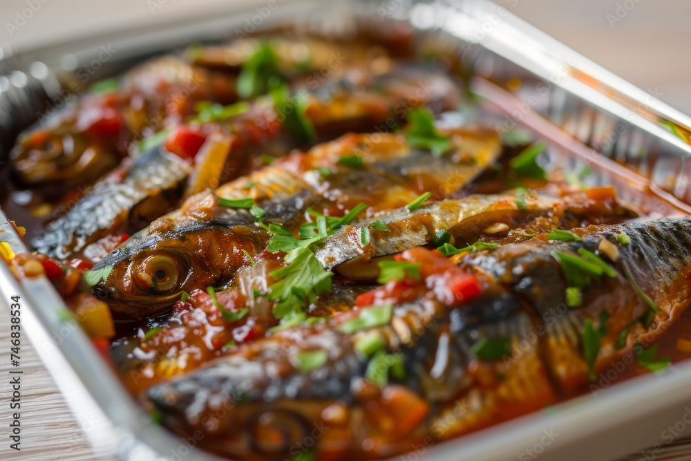 Canned sardine simple and tasty with chili onion and garlic served on a white table Selective Focus and top view Canned sardine simple and tasty with chili onion and garlic served on a white table Selective Focus and top view