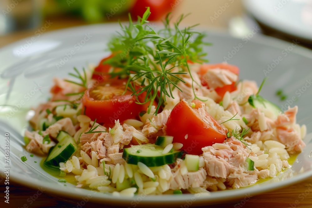 Canned tuna tomatoes cucumber and orzo blend in a salad Canned tuna tomatoes cucumber and orzo blend in a salad