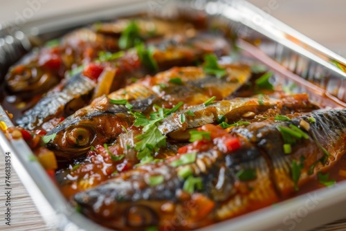 Canned sardine simple and tasty with chili onion and garlic served on a white table Selective Focus and top view