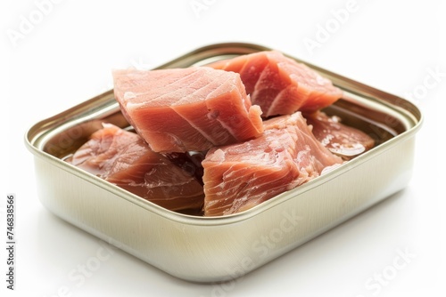 Canned tuna on white background