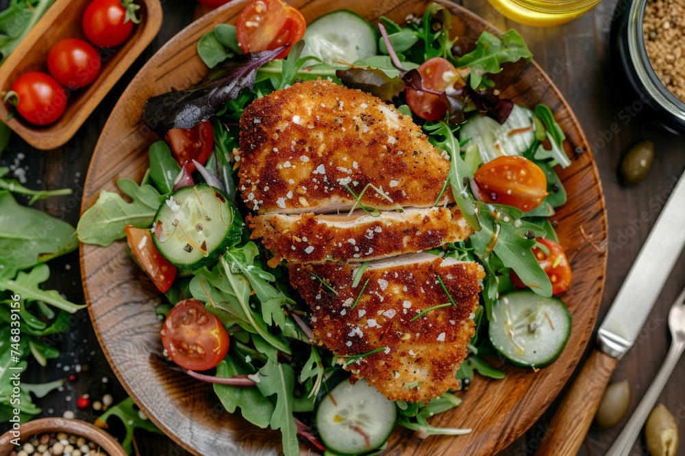 Close up horizontal view of chicken steak coated in Panko breading and fresh salad on the table