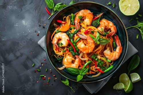 Classic designed wok serves Thai phak kung stir fried with prawns veggies and noodles from a top view