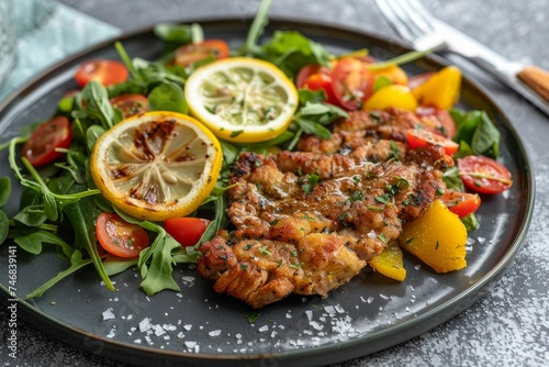 Close up horizontal view of a plate with veal milanese and a lemon vegetable salad photo