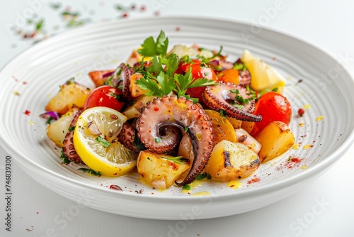 Close up of a white plate bearing a warm salad with octopus potatoes tomatoes and lemon