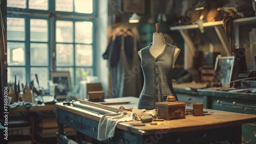 Vintage tailor's mannequin in a workshop with tools and fabric photo