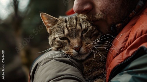 Close-up of a content cat cuddling with a human