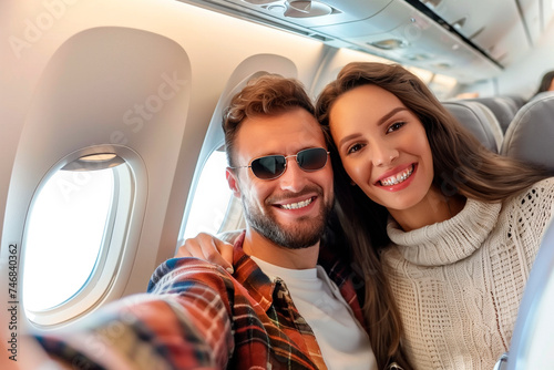 happy heterosexual tourist couple taking selfie in the plane 