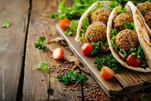 Close up view of pita bread filled with fresh vegetables and falafel on a wooden table