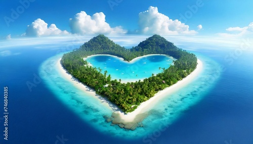 Top wiev exotic island in the shape of a heart. Travel concept blue sky	
