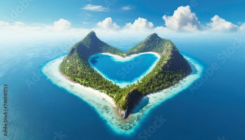 Top wiev exotic island in the shape of a heart. Travel concept blue sky 