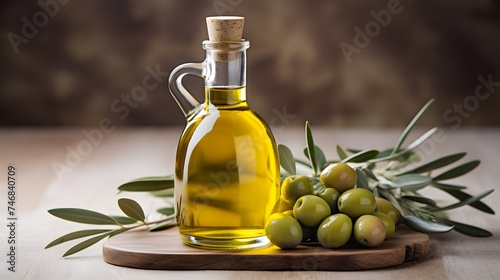 Olive oil bottle and olive branch, top view.