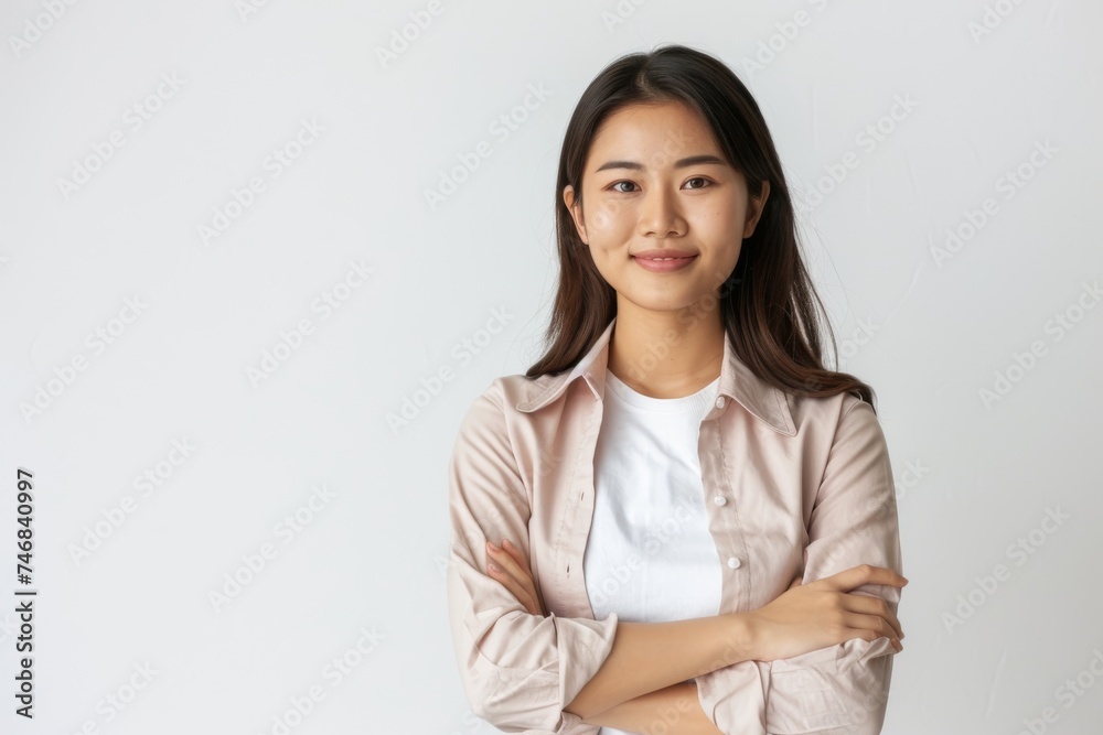 Confident Asian businesswoman in professional attire smiling white background Confident Asian businesswoman in professional attire smiling white background