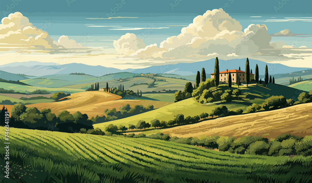 Fototapeta premium Landscape in Tuscany illustration, Italian landscapes, panoramic countryside farmland vector illustration