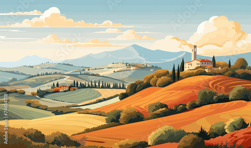 Landscape in Tuscany illustration, Italian landscapes, panoramic countryside farmland vector illustration