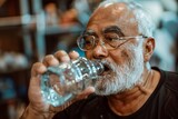 Dehydrated senior Indian Asian man drinks fresh water during or after weight training or gym