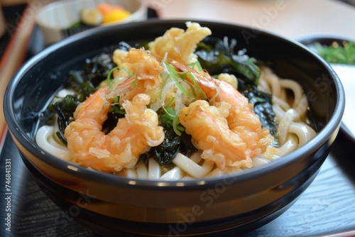Deep fried shrimp and seaweed on Japanese noodle