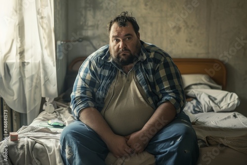 Depressed overweight man at home gazing at the camera feeling insecure