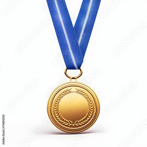 Gold medal with blue ribbon isolated on white background.