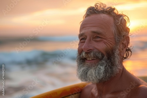 Elderly surfer enjoys sunset beach surfing Fit senior trains with surfboard Healthy lifestyle and extreme sport for senior