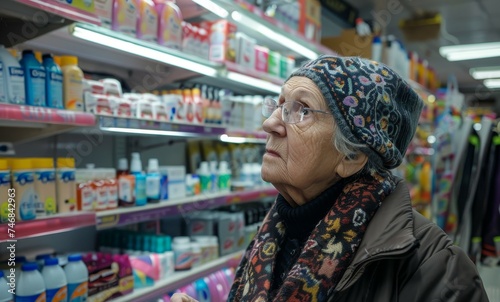 Elderly woman shopping for cosmetics in a store