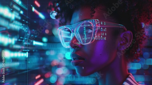 woman with glasses concept innovation, technology, futuristic, neon, woman, change, modern, rebuild, reform in high definition and high quality