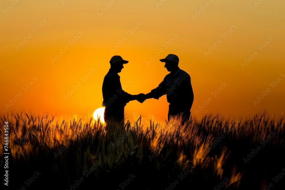 Farmers shake hands in wheat field to form agricultural partnership