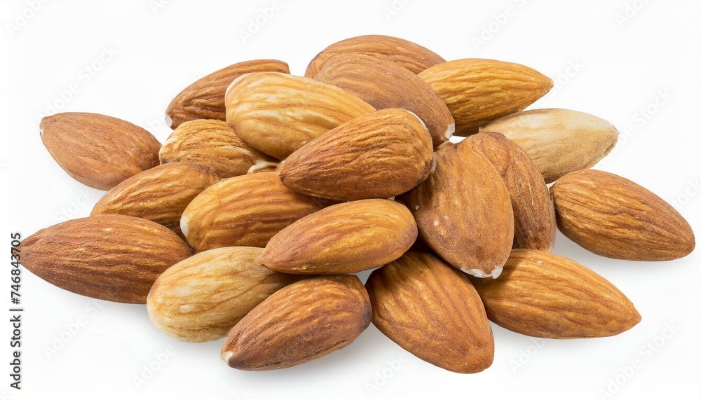 Top view of almonds heap isolated white background clipping path Top view of almonds heap isolated white background clipping path