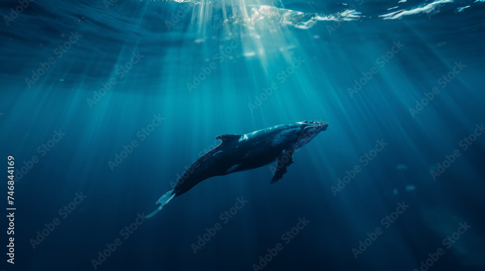 a cinematic photo of a whale in the deep blue sae, stunning sunbeams cutting through the water, medium distance