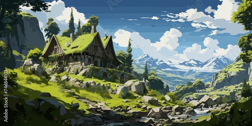 little green house on large boulders,illustration,digital painting
